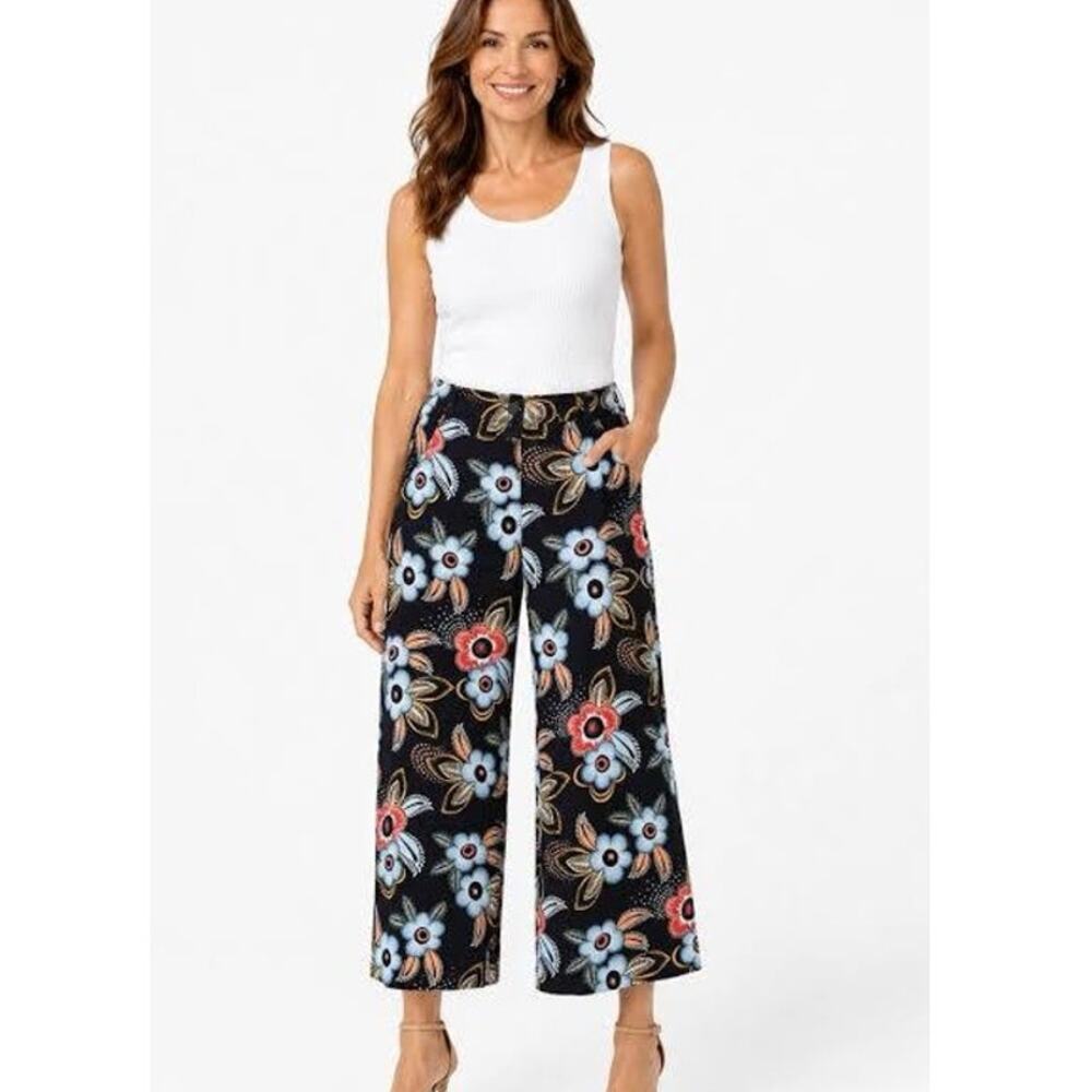 Ann Taylor LOFT Size 4 Blue Pink Floral Wide Leg Crop Capri Rayon Pants